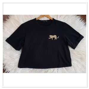 Veronica Beard Abby Cropped Tee With Sequin Cat Patch  Black Size Medium